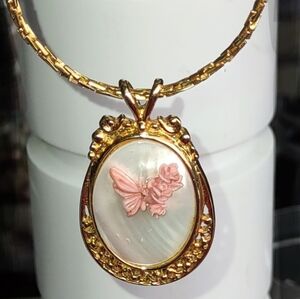 Mother of Pearl Goldtone Pendant w/ Pink Butterfly on Chain